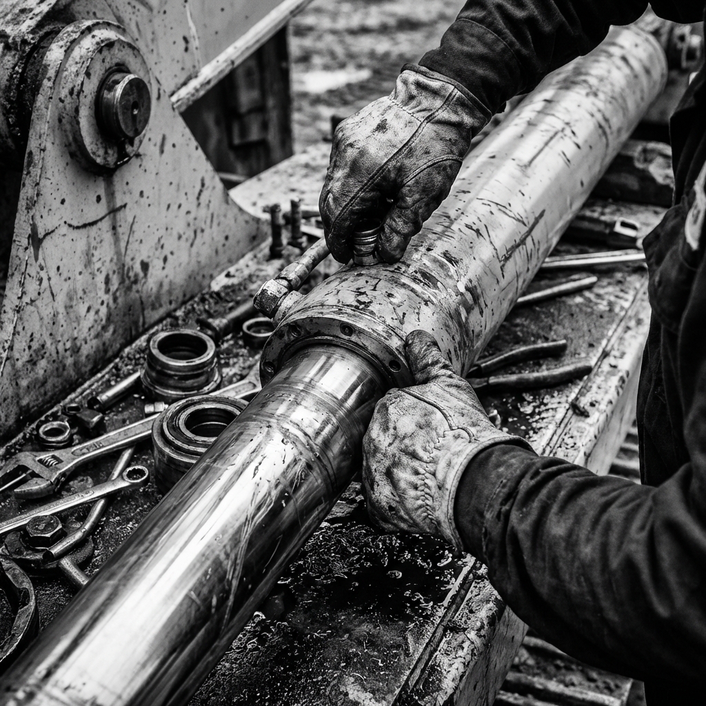 Mechanic repairing excavator hydraulics